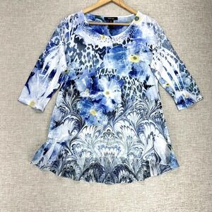 Style & Co Shirt Womens Petite Large Blue Floral High Low 3/4 Sleeve Embellished